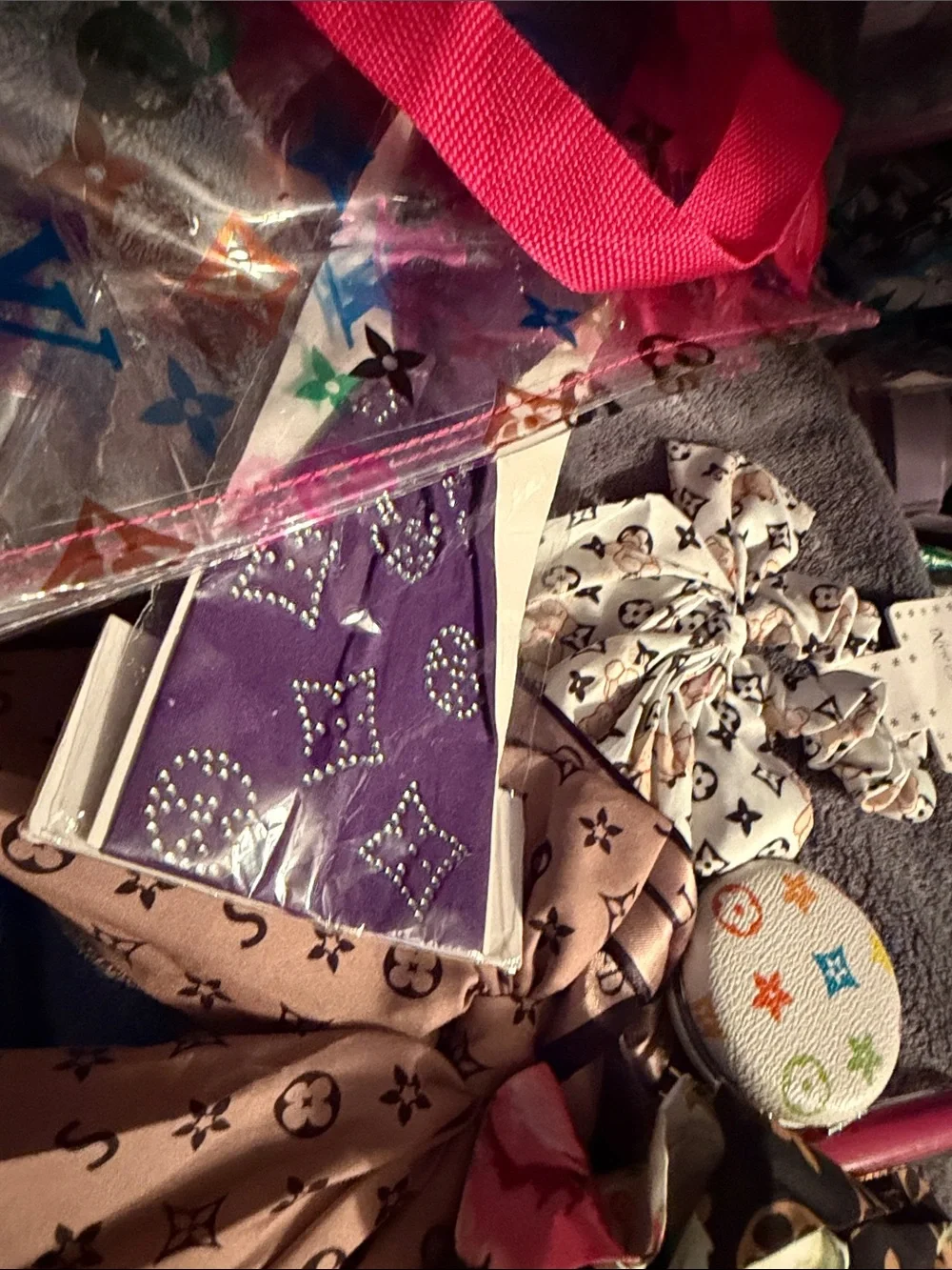 Monogram Print Accessories Bundle in Beige, White, Purple